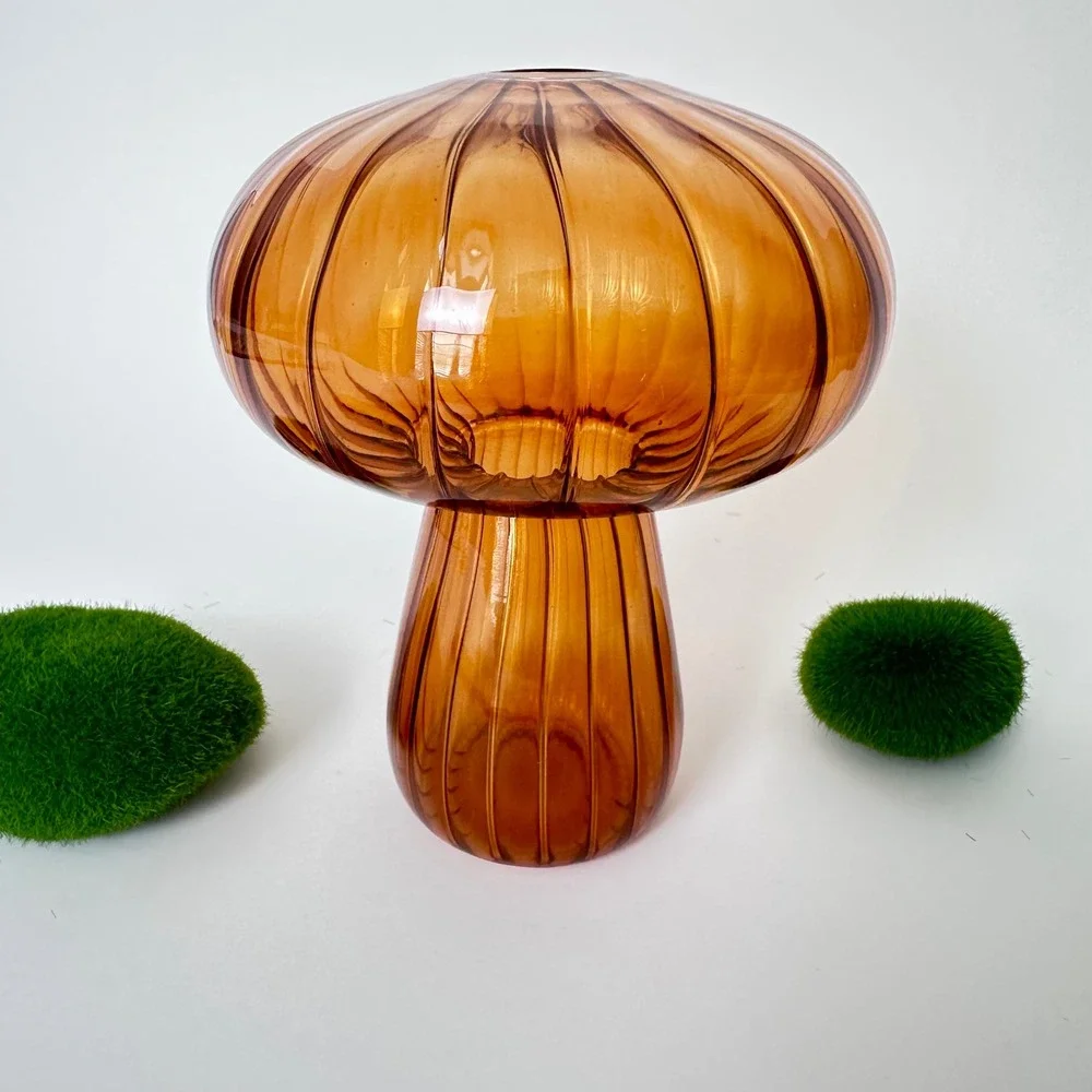 Vintage Amber Glass Mushroom Vase Ribbed Toadstool MCM Cottagecore Decor 5 inch